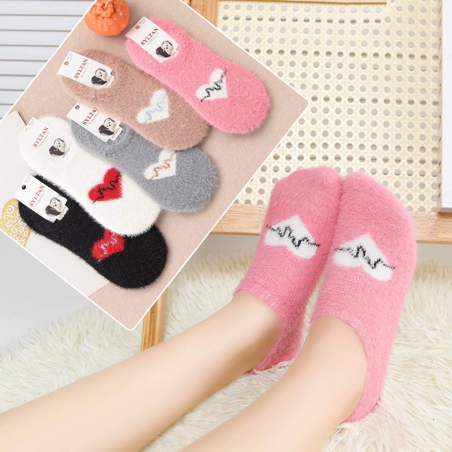 SYLTAN Mixed Color Mink Fur Cover Board Adhesive love Women's Boat Socks